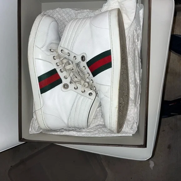 GUCCI Ace High Top 221825 GG White Green Red Stripe Sneakers